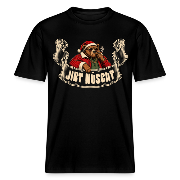 Berliner Bär mit Weihnachtsmütze, Sonnenbrille und Zigarre auf schwarzem, locker geschnittenen Organic T-Shirt-Design mit Schriftzug „JIBT NÜSCHT“