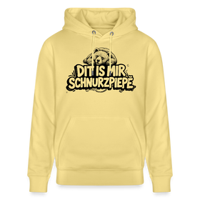 Unisex Bio Hoodie mit Aufdruck liegender Berliner Bär auf Schriftzug „DIT IS MIR SCHNURZPIEPE“, hellgelber Kapuzenpullover mit Kängurutasche als Berlin Souvenir mit echter Berliner Schnauze.