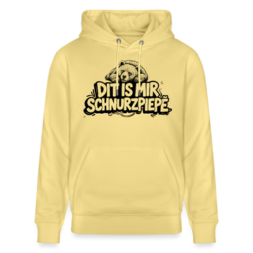 Unisex Bio Hoodie mit Aufdruck liegender Berliner Bär auf Schriftzug „DIT IS MIR SCHNURZPIEPE“, hellgelber Kapuzenpullover mit Kängurutasche als Berlin Souvenir mit echter Berliner Schnauze.