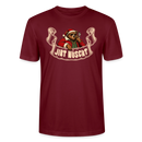 Burgunderfarbenes, leichtes körpernahes Unisex Bio-Shirt mit dem Weihnachtsmotiv „JIBT NÜSCHT“ und Berliner Bär mit Weihnachtsmütze, Sonnenbrille und Zigarre.