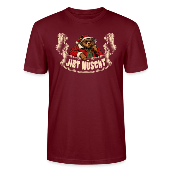 Burgunderfarbenes, leichtes körpernahes Unisex Bio-Shirt mit dem Weihnachtsmotiv „JIBT NÜSCHT“ und Berliner Bär mit Weihnachtsmütze, Sonnenbrille und Zigarre.
