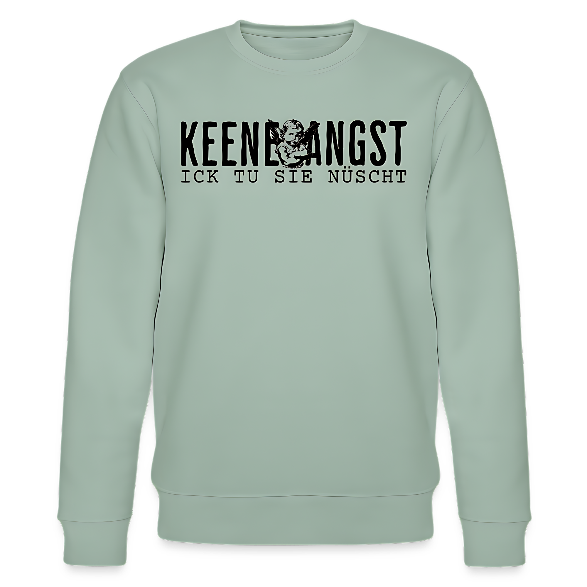 Hell Graugrüner Unisex Sweater mit Rundhalsausschnitt und Berliner Spruch „KEENE ANGST ICK TU SIE NÜSCHT“ in schwarzer Schrift, mittig auf der Brust platziert, ergänzt mit einem grimmig guckenden Cartoon-Engel zwischen den Wörtern