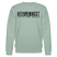 Hell Graugrüner Unisex Sweater mit Rundhalsausschnitt und Berliner Spruch „KEENE ANGST ICK TU SIE NÜSCHT“ in schwarzer Schrift, mittig auf der Brust platziert, ergänzt mit einem grimmig guckenden Cartoon-Engel zwischen den Wörtern