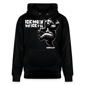Schwarzer Hoodie| ICK MACH WAT ICK WILL -Print-Berliner Schnauze und grossem Bär-Design mit erhobenem Mittelfinger-designed von findickjut
