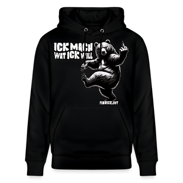 Schwarzer Hoodie| ICK MACH WAT ICK WILL -Print-Berliner Schnauze und grossem Bär-Design mit erhobenem Mittelfinger-designed von findickjut
