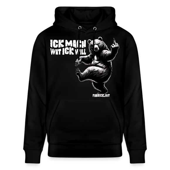 Schwarzer Hoodie| ICK MACH WAT ICK WILL -Print-Berliner Schnauze und grossem Bär-Design mit erhobenem Mittelfinger-designed von findickjut
