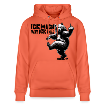 Unisex Hoodie mit Berliner Schnauze Spruch in schwarz „ICK MACH WAT ICK WILL“ -Illustration vom tanzenden Berliner Bär mit erhobenem Mittelfinger-aus Bio-Baumwolle hellrot