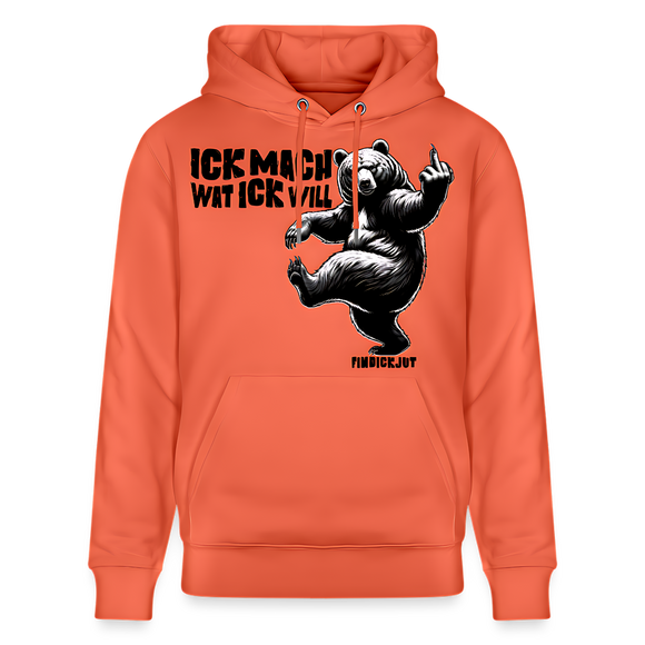 Unisex Hoodie mit Berliner Schnauze Spruch in schwarz „ICK MACH WAT ICK WILL“ -Illustration vom tanzenden Berliner Bär mit erhobenem Mittelfinger-aus Bio-Baumwolle hellrot