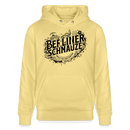 Gelber Bio Unisex Hoodie mit großem schwarzen „Berliner Schnauze – nüscht für zarte Öhrchen“-Print im Streetart‑Stil, inklusive Berliner Wahrzeichen wie Brandenburger Tor und Fernsehturm auf dem Design.