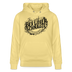 Gelber Bio Unisex Hoodie mit großem schwarzen „Berliner Schnauze – nüscht für zarte Öhrchen“-Print im Streetart‑Stil, inklusive Berliner Wahrzeichen wie Brandenburger Tor und Fernsehturm auf dem Design.