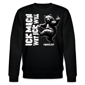 Schwarzer Sweater mit schwarz/weißem Bärenmotiv mit erhobenem Mittelfinger und Text in Großbuchstaben„Ick mach wat ick will“, Berliner-Schnauze-Design von FINDICKJUT