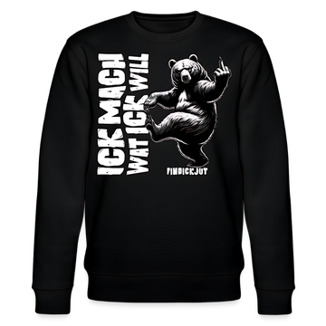 Schwarzer Sweater mit schwarz/weißem Bärenmotiv mit erhobenem Mittelfinger und Text in Großbuchstaben„Ick mach wat ick will“, Berliner-Schnauze-Design von FINDICKJUT