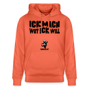 Hellroter Hoodie mit schwarzem Aufdruck „ICK MACH WAT ICK WILL“ im Berliner Schnauze Stil, designed by findickjut