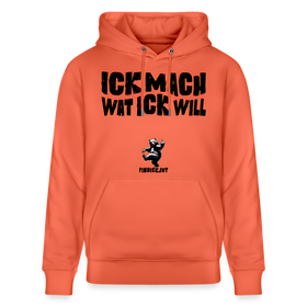 Hellroter Hoodie mit schwarzem Aufdruck „ICK MACH WAT ICK WILL“ im Berliner Schnauze Stil, designed by findickjut