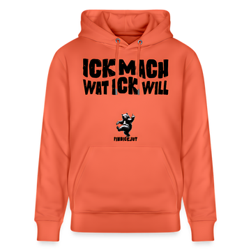 Hellroter Hoodie mit schwarzem Aufdruck „ICK MACH WAT ICK WILL“ im Berliner Schnauze Stil, designed by findickjut