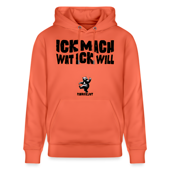 Hellroter Hoodie mit schwarzem Aufdruck „ICK MACH WAT ICK WILL“ im Berliner Schnauze Stil, designed by findickjut