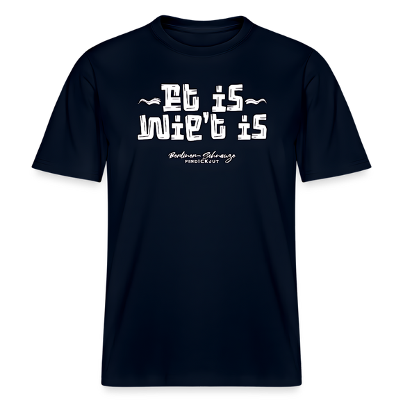 Dunkelblaues Relaxed Fit T‑Shirt mit weißem Berliner‑Schnauze Schriftzug „Et is wie’t is“ auf der Vorderseite