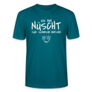 T-Shirt mit Berliner Spruch  "Ick bin nüscht für schwache Nerven" und kleiner, lustiger Illustration - weisser Print auf Ozeanblauem Shirt