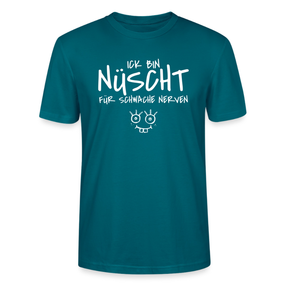 T-Shirt mit Berliner Spruch  "Ick bin nüscht für schwache Nerven" und kleiner, lustiger Illustration - weisser Print auf Ozeanblauem Shirt