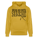 Bio Unisex Hoodie in Ocker mit Aufdruck „JEH MIR NICH uffn Senkel“ in Grossbuchstaben– Berliner Spruch, 100% Bio-Baumwolle, Kapuze mit Kordeln, Kängurutasche.