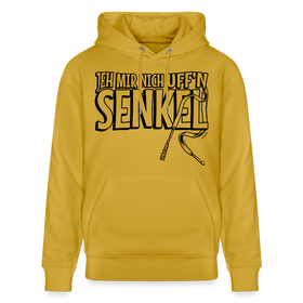 Bio Unisex Hoodie in Ocker mit Aufdruck „JEH MIR NICH uffn Senkel“ in Grossbuchstaben– Berliner Spruch, 100% Bio-Baumwolle, Kapuze mit Kordeln, Kängurutasche.