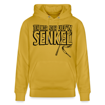 Bio Unisex Hoodie in Ocker mit Aufdruck „JEH MIR NICH uffn Senkel“ in Grossbuchstaben– Berliner Spruch, 100% Bio-Baumwolle, Kapuze mit Kordeln, Kängurutasche.