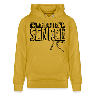 Bio Unisex Hoodie in Ocker mit Aufdruck „JEH MIR NICH uffn Senkel“ in Grossbuchstaben– Berliner Spruch, 100% Bio-Baumwolle, Kapuze mit Kordeln, Kängurutasche.