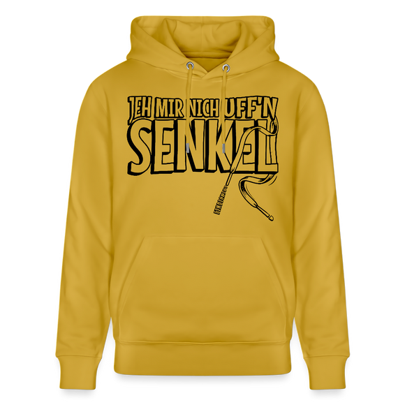 Bio Unisex Hoodie in Ocker mit Aufdruck „JEH MIR NICH uffn Senkel“ in Grossbuchstaben– Berliner Spruch, 100% Bio-Baumwolle, Kapuze mit Kordeln, Kängurutasche.