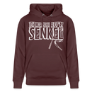 Unisex Hoodie in Bordeaux mit weißem Berliner Sprüche Print „JEH MIR NICH UFF’N SENKEL“ und Schnürsenkel-Illustration.
