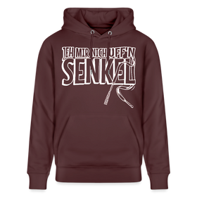 Unisex Hoodie in Bordeaux mit weißem Berliner Sprüche Print „JEH MIR NICH UFF’N SENKEL“ und Schnürsenkel-Illustration.