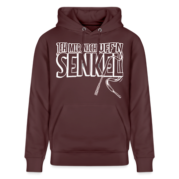 Unisex Hoodie in Bordeaux mit weißem Berliner Sprüche Print „JEH MIR NICH UFF’N SENKEL“ und Schnürsenkel-Illustration.