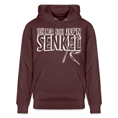 Unisex Hoodie in Bordeaux mit weißem Berliner Sprüche Print „JEH MIR NICH UFF’N SENKEL“ und Schnürsenkel-Illustration.