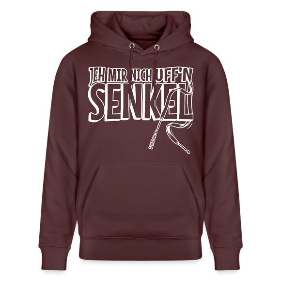 Unisex Hoodie in Bordeaux mit weißem Berliner Sprüche Print „JEH MIR NICH UFF’N SENKEL“ und Schnürsenkel-Illustration.