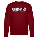 Bordeauxroter Unisex Sweater mit Rundhalsausschnitt und Berliner Spruch „KEENE ANGST ICK TU SIE NÜSCHT“ in weißer Schrift, mittig auf der Brust platziert, ergänzt mit einem Cartoon-Motiv zwischen den Wörtern.
