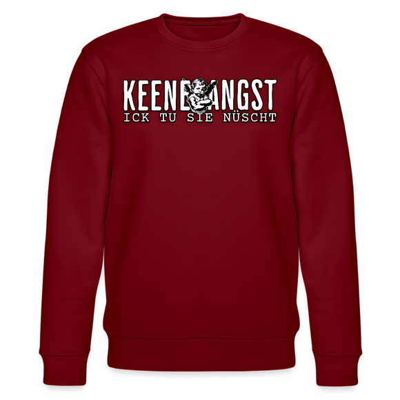 Bordeauxroter Unisex Sweater mit Rundhalsausschnitt und Berliner Spruch „KEENE ANGST ICK TU SIE NÜSCHT“ in weißer Schrift, mittig auf der Brust platziert, ergänzt mit einem Cartoon-Motiv zwischen den Wörtern.