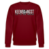 Bordeauxroter Unisex Sweater mit Rundhalsausschnitt und Berliner Spruch „KEENE ANGST ICK TU SIE NÜSCHT“ in weißer Schrift, mittig auf der Brust platziert, ergänzt mit einem Cartoon-Motiv zwischen den Wörtern.