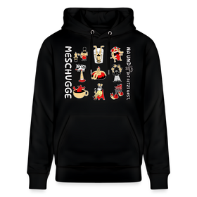 schwarzer unisex Hoodie mit weisser Schrift, Berlin-typischem Spruch „MESCHUGGE Na und!? Dit fetzt urst.“ und neun lustigen grafischen Motiven, 100% Bio-Baumwolle und bequemer Schnitt für echte Berliner Schnauze