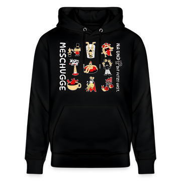 schwarzer unisex Hoodie mit weisser Schrift, Berlin-typischem Spruch „MESCHUGGE Na und!? Dit fetzt urst.“ und neun lustigen grafischen Motiven, 100% Bio-Baumwolle und bequemer Schnitt für echte Berliner Schnauze