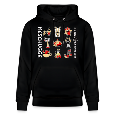 schwarzer unisex Hoodie mit weisser Schrift, Berlin-typischem Spruch „MESCHUGGE Na und!? Dit fetzt urst.“ und neun lustigen grafischen Motiven, 100% Bio-Baumwolle und bequemer Schnitt für echte Berliner Schnauze