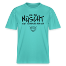 poloblaues Unisex T-Shirt mit schwarzem Berliner Spruch „Ick bin nüscht für schwache Nerven“ und kleiner handgezeichneter Comic-Figur auf der Vorderseite.