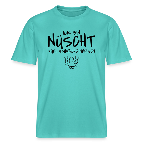 poloblaues Unisex T-Shirt mit schwarzem Berliner Spruch „Ick bin nüscht für schwache Nerven“ und kleiner handgezeichneter Comic-Figur auf der Vorderseite.