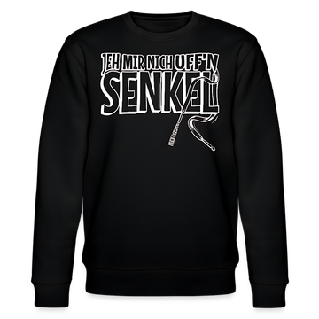 Schwarzer Unisex Rundhals-Sweater mit weißem Aufdruck „JEH MIR NICH UFF’N SENKEL“, Berliner Spruch, 100% Bio-Baumwolle, 350 g/m², klassischer Fit, Rippkragen und Bündchen.