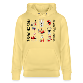 Gelber Unisex Hoodie mit schwarzem Berliner Spruch „MESCHUGGE - Na und!? Dit fetzt urst.“, neun witzigen, bunten Illustrationen und dicker Kängurutasche, aus 100% Bio-Baumwolle für echten Berliner Komfort.