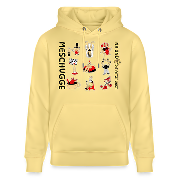 Gelber Unisex Hoodie mit schwarzem Berliner Spruch „MESCHUGGE - Na und!? Dit fetzt urst.“, neun witzigen, bunten Illustrationen und dicker Kängurutasche, aus 100% Bio-Baumwolle für echten Berliner Komfort.