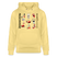 Gelber Unisex Hoodie mit schwarzem Berliner Spruch „MESCHUGGE - Na und!? Dit fetzt urst.“, neun witzigen, bunten Illustrationen und dicker Kängurutasche, aus 100% Bio-Baumwolle für echten Berliner Komfort.