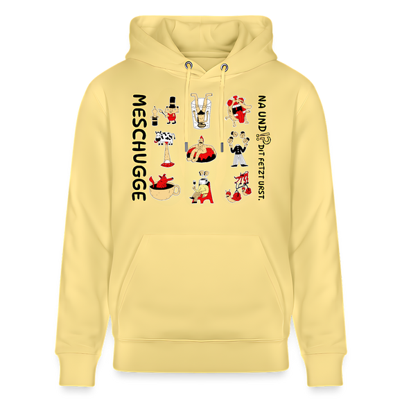 Gelber Unisex Hoodie mit schwarzem Berliner Spruch „MESCHUGGE - Na und!? Dit fetzt urst.“, neun witzigen, bunten Illustrationen und dicker Kängurutasche, aus 100% Bio-Baumwolle für echten Berliner Komfort.