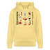 Gelber Unisex Hoodie mit schwarzem Berliner Spruch „MESCHUGGE - Na und!? Dit fetzt urst.“, neun witzigen, bunten Illustrationen und dicker Kängurutasche, aus 100% Bio-Baumwolle für echten Berliner Komfort.