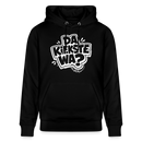 Schwarzer Unisex Bio‑Hoodie mit großem weiß-gerahmten Comic‑Typo‑Print in echt Berliner Schnauze „DA KIEKSTE WA?“ mittig auf der Brust. 