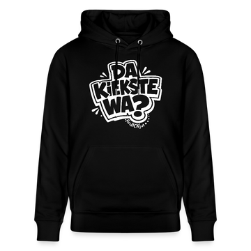 Schwarzer Unisex Bio‑Hoodie mit großem weiß-gerahmten Comic‑Typo‑Print in echt Berliner Schnauze „DA KIEKSTE WA?“ mittig auf der Brust. 