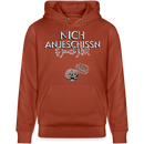 terrakotta farbener unisex Hoodie-weisser druck schwarz umrandet 'Nich anjeschissen is jenuch jelobt' - darunter ein illustriertes gehirn mit erschrockenem Blick und Sprechblase "Compliment me"